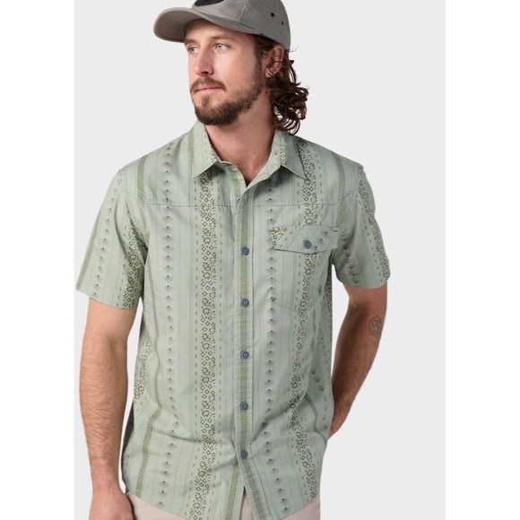 NWT Stio Men's Short Sleeve Button Up Shirt Sage Green Geometric PrintMedium